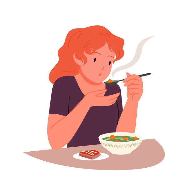 Éhes lány eszik forró leves kanállal, személy ül asztalnál tál és szendvics — Stock Vector