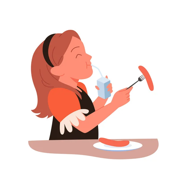 Голодная девушка ест сосиски на завтрак, обед или ужин, милый ребенок сидит за домашним столом — стоковый вектор