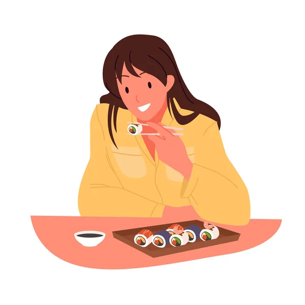 Fille manger des sushis à la table du restaurant avec cuisine japonaise, femme tenant des baguettes — Image vectorielle