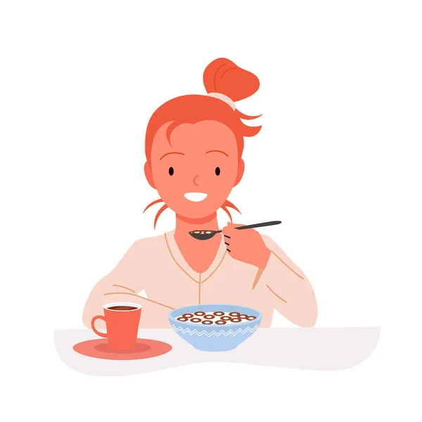 Mädchen essen knusprige Cornflakes oder süßes Müsli mit Milch, süßes Kind sitzt am Tisch — Stockvektor