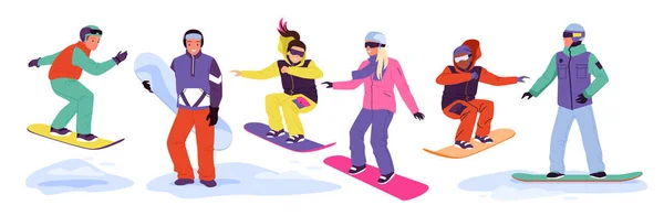 Dibujos animados snowboarders felices saltan de la ladera de la montaña de nieve, personas adultas snowboard, deporte extremo y hobby aislado en blanco. La gente monta snowboard en invierno estación de esquí conjunto vector ilustración. — Vector de stock