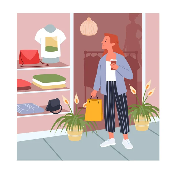 Jovem mulher compras em vendas, menina segurando café, de pé na janela da loja de varejo — Vetor de Stock