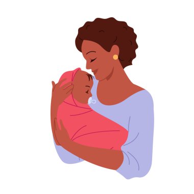 Neşeli genç anne yeni doğmuş bebeğine sarılıyor.