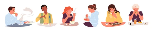 Coleção de desenhos animados de jovem feliz e mulher sentada com colher ou garfo na mão e comendo isolado no branco. Pessoas famintas comem comida à mesa para o café da manhã, almoço ou jantar ilustração vetor. —  Vetores de Stock