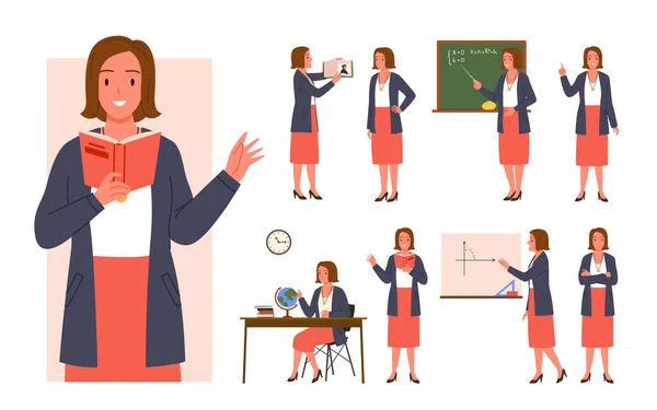 不同教学姿势的一组专业女教师 — 图库矢量图片