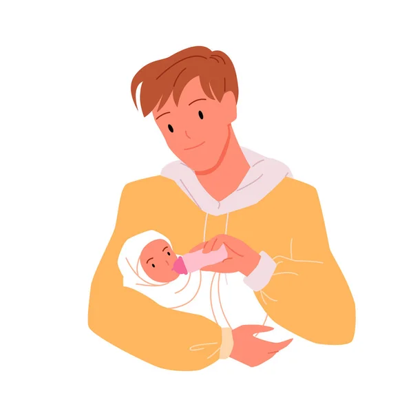 Happy young father feeding his newborn baby with milk bottle — Stock Vector