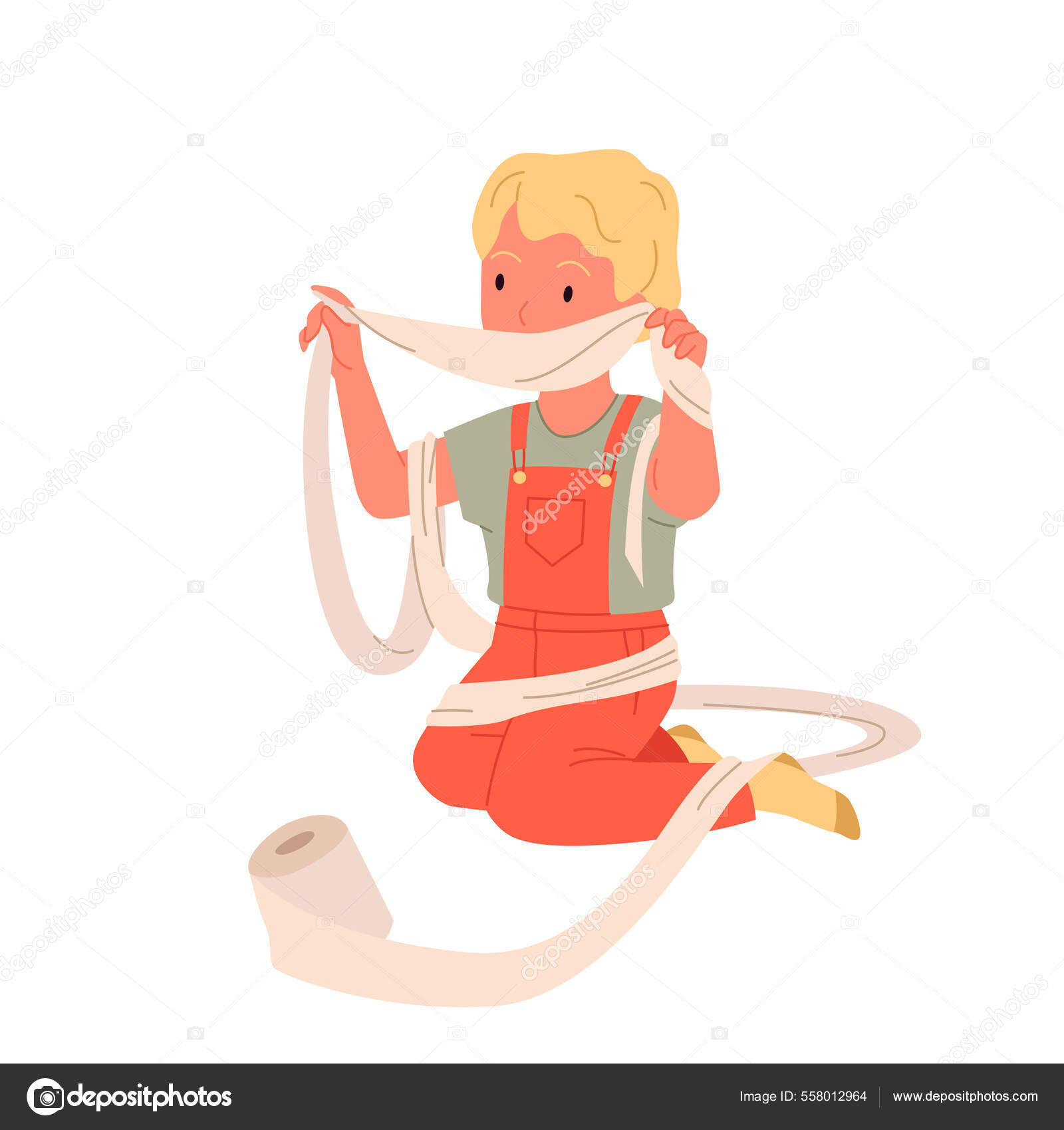 Linda chica jugando con rollo de papel higiénico, divertido niño