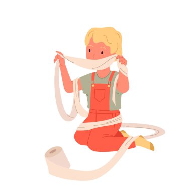 Tuvalet kağıdıyla oynayan tatlı bir kız, tuvaletin zemininde oturan komik bir çocuk.