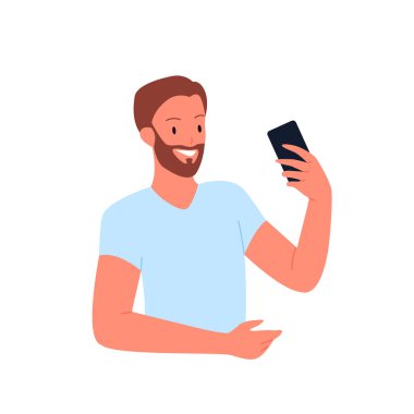 Cep telefonlu mutlu bir adam selfie çekiyor, akıllı telefonlu biri.