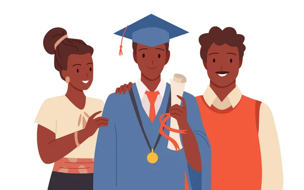 Estudiante de posgrado con sus orgullosos padres — Vector de stock