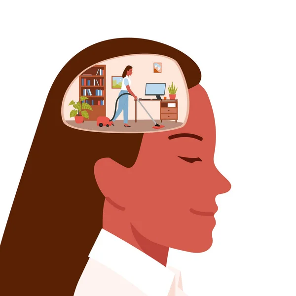 Vrouw met stofzuiger schoonmaakruimte in vrouwelijk hoofd, zuivering van de binnenruimte — Stockvector