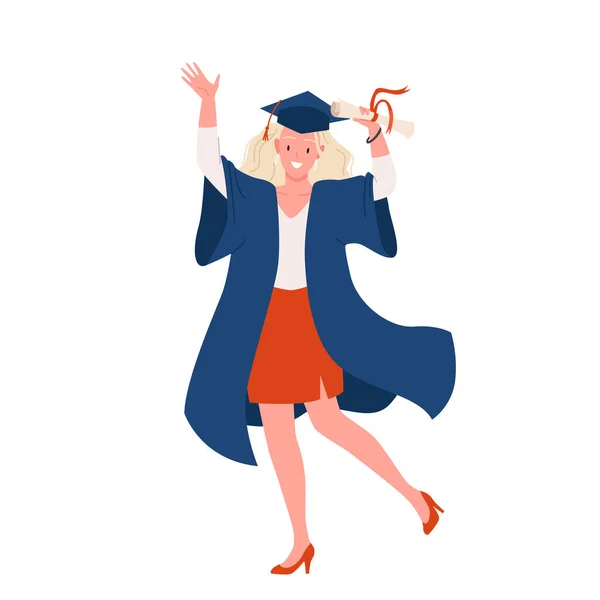 Boldog tánc a női diplomás, lány agglegény ruha és sapka tartó diploma tekercs — Stock Vector
