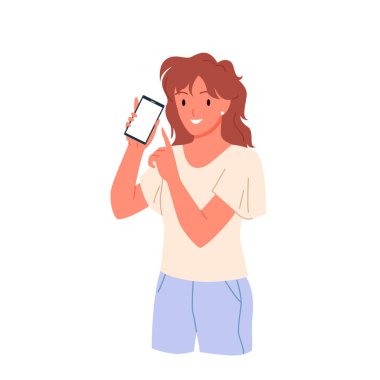 Genç bir kadın cep telefonuyla ekranı boş, komik bir kız işaret ediyor.