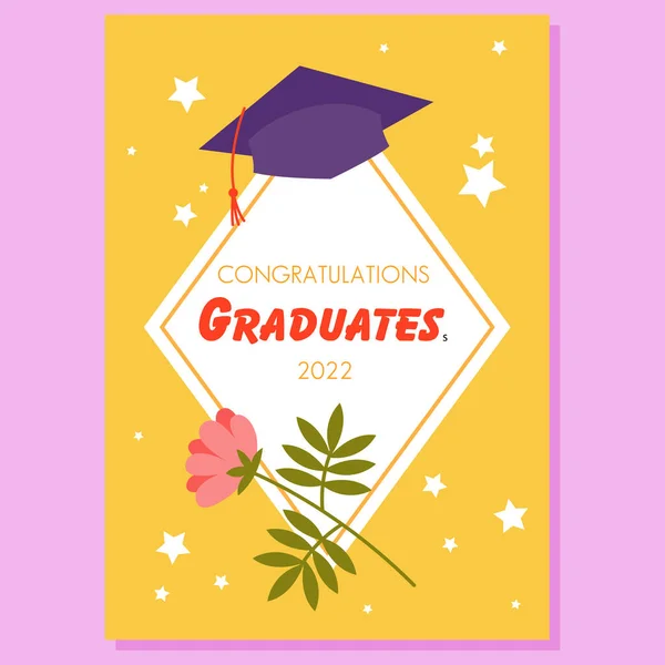 Félicitations, diplômés 2022, invitation conception de la carte de vœux avec fleur, casquette des diplômés — Image vectorielle