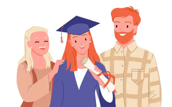 Feliz graduado y familia de pie juntos, retrato de madre, padre y estudiante — Vector de stock