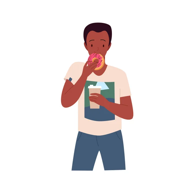 Férfi eszik fánkot és kávét iszik, éhes férfi karakter áll, kezében gyorsétterem — Stock Vector