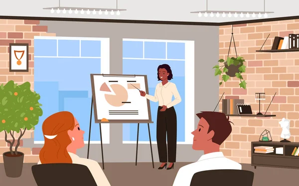 Geschäftsleute-Schulung an Bord Präsentation im Büro, Lehrer im Gespräch mit Publikum — Stockvektor