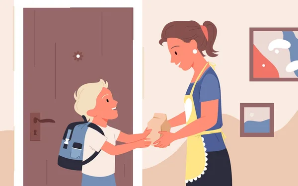 Мама дарит дочери бумажный пакет со здоровой закуской на школьный обед, питание — стоковый вектор