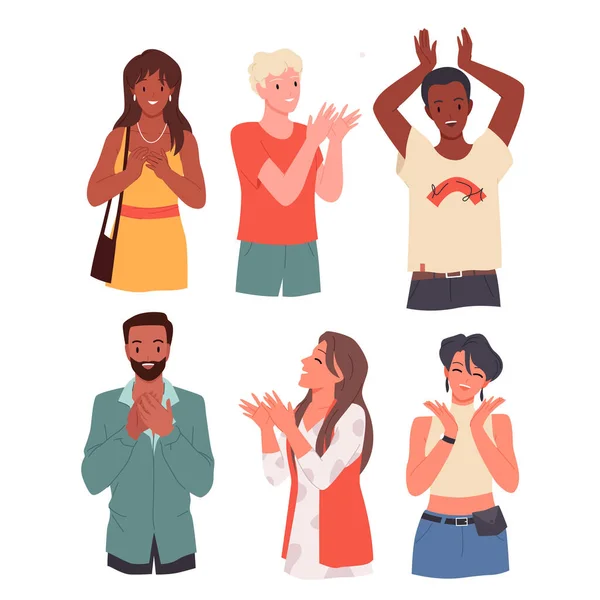 Happy people clap with hands set, male and female grateful characters greeting, smiling — Stock Vector