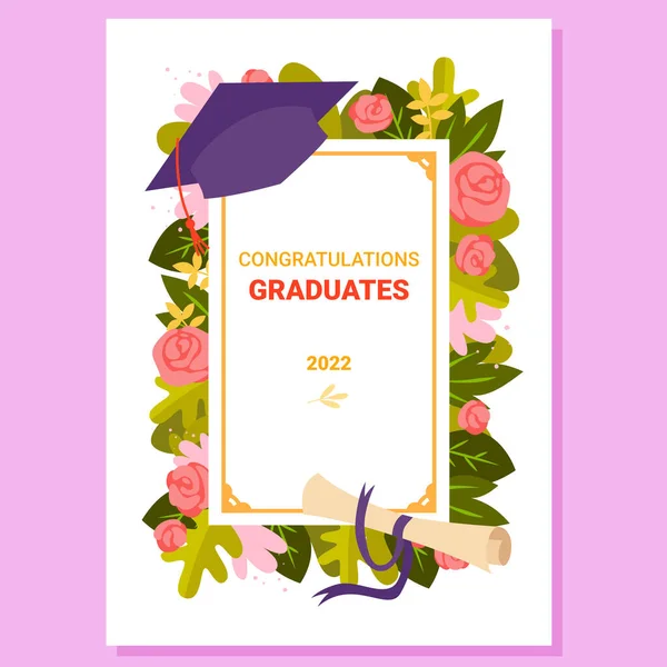 Végzős gratulációs kártya diplomával és sapkával — Stock Vector