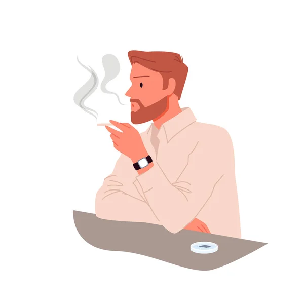 Młody człowiek palący tytoń, palacz siedzący przy stole z popielniczką, trzymający papierosa — Wektor stockowy