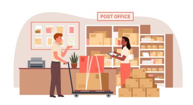 Posta memuru, posta arabasındaki karton kutuları taşıyor, postacı da yük arabası taşıyor.