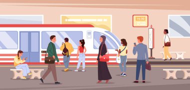 Çizgi filmlerdeki kalabalık metro arka planında bekleyen ve ayakta duran insanlar. Şehir ulaşımı konsepti. Yeraltı metro istasyonu içi yolcu vektör illüstrasyonuyla dolu.