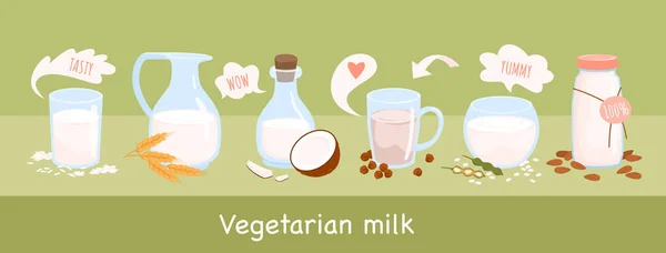 Laktozsuz alternatif vejetaryen süt seti, farklı içecekler cam bardak, şişe, kase — Stok Vektör