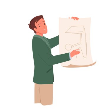 Endüstri projesiyle kağıt tutan mühendis, çizim taslağı okuyan çalışan.