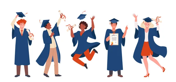 Boldog diplomások együtt ünnepelnek a diplomaosztón az akadémián, az emberek ugrálnak. — Stock Vector