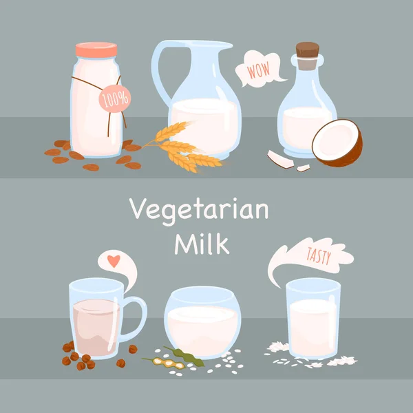 Mleko wegetariańskie w różnych szklanych wazonach — Wektor stockowy