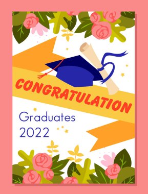Tebrikler, 2022 mezunları, mezuniyet balosu için davetiye ve tebrik kartı tasarımı.