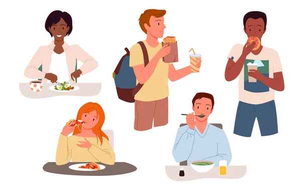 La gente come comida, hombres y mujeres hambrientos toman café, comen comida rápida — Vector de stock