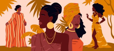 Afrikalı güzel kadınlar, geleneksel mücevherleri olan yaratıcı sanat portreleri.