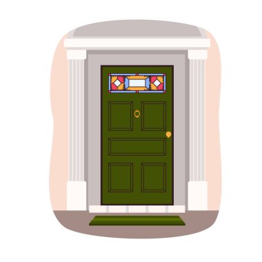 Sütunlu, mozaik pencereli, altın saplı, kilimli ve gözetleme delikli yeşil bir ev.