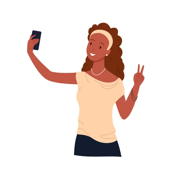 Selfie foto de menina com rosto bonito, jovem estudante feliz em roupas casuais segurando telefone —  Vetores de Stock