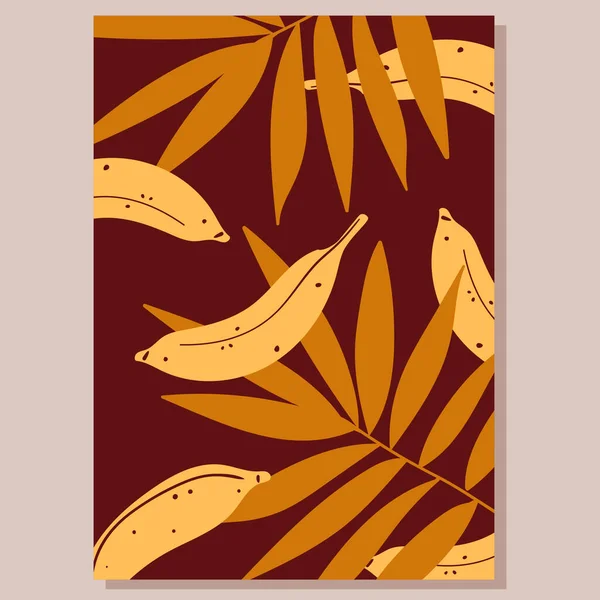 Банан и тропические листья связки, целые желтые фрукты, оранжевый лист на коричневом фоне — стоковый вектор