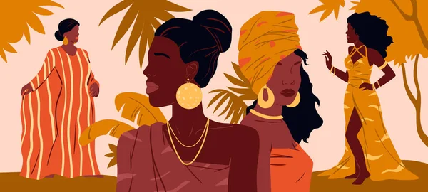Afričanky krásné ženy, výtvarné výtvarné portréty dívek s tradiční šperky — Stockový vektor