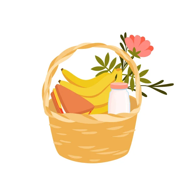 Piknik fonott kosár ételekkel és virágokkal, banánnal, finom szendviccsel és egy üveg tejjel — Stock Vector