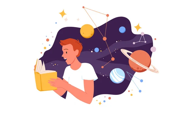 Jovem lendo literatura científica sobre planeta, estrelas e constelações no espaço — Vetor de Stock