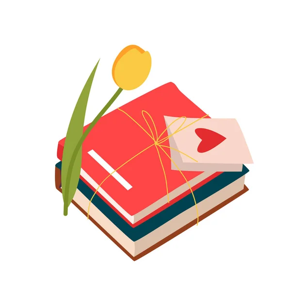 Kreatív születésnapi vagy Valentin napi meglepetés ajándék, halom könyvet, tulipán és papír levél — Stock Vector