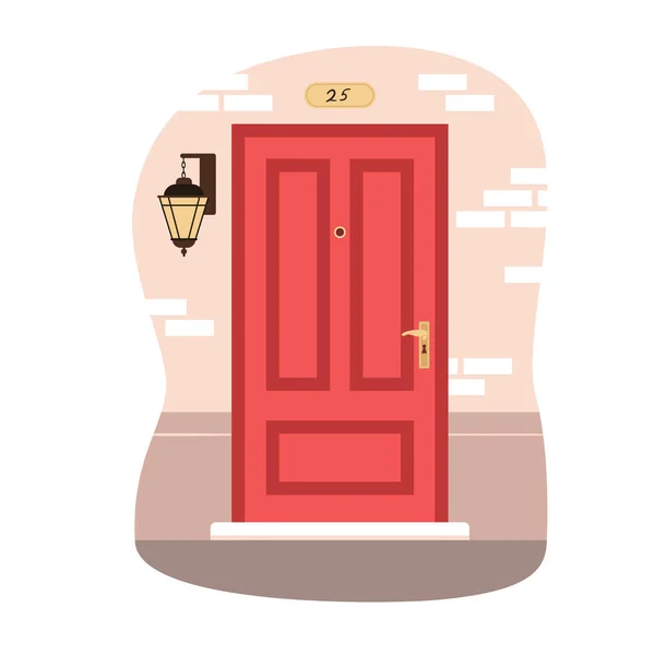 Röd dörr till hem lägenhet, hus tegelvägg, klassisk byggnad ingång med dekoration — Stock vektor