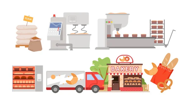 Bröd industri och bearbetningsstadier av deg, bageri distribution butik, veteprodukter konsumtion tecknad vektor illustration. Framställning av bröd och konditorivaror. — Stock vektor