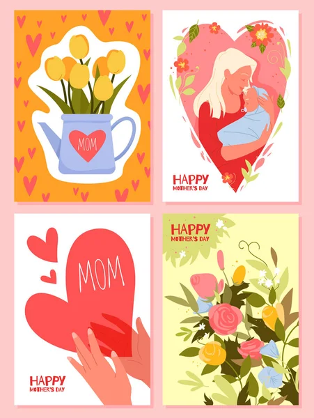 Feliz día de las madres, lindo juego de tarjetas de felicitación con texto, ramo de regalo floral con flores — Vector de stock