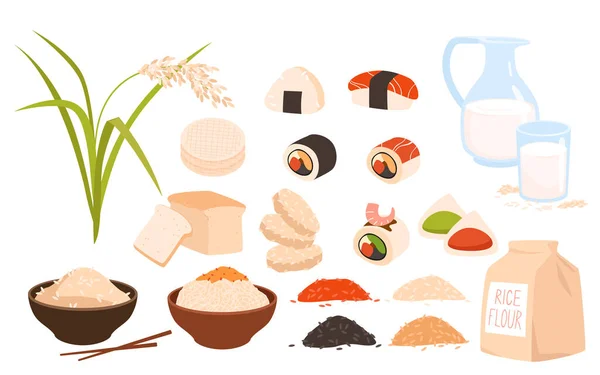 Arroz produtos alimentares, ingredientes e plantas conjunto, pilhas de grãos, farinha, macarrão cozido — Vetor de Stock