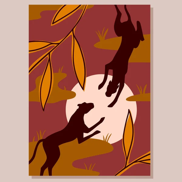 Африканское искусство природы с животными и деревьями, силуэты черной пантеры прыгают между листьями — стоковый вектор