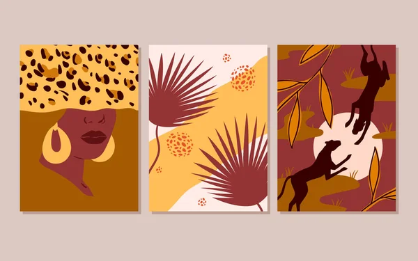 African boho art set, minimalist posters with portrait of woman, wild black panthers — Vector de stock
