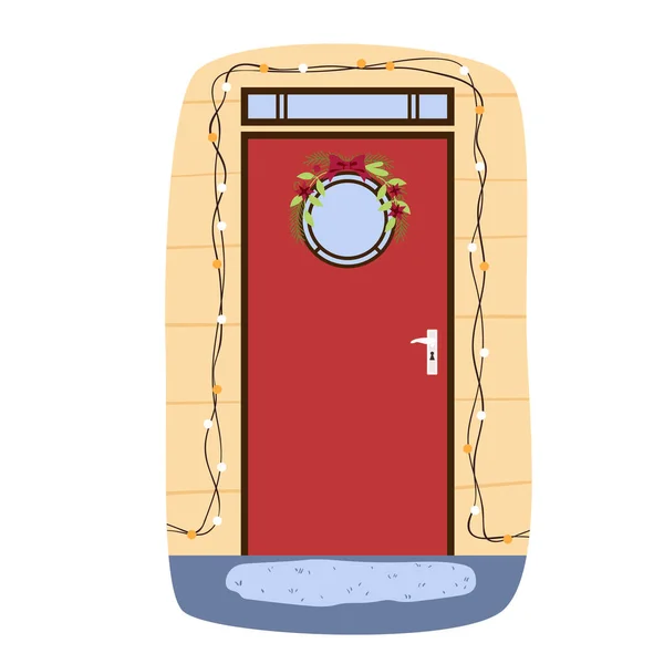 Червоні двері в квартиру з гірляндою і традиційним вінком на скляному вікні, фасад — стоковий вектор