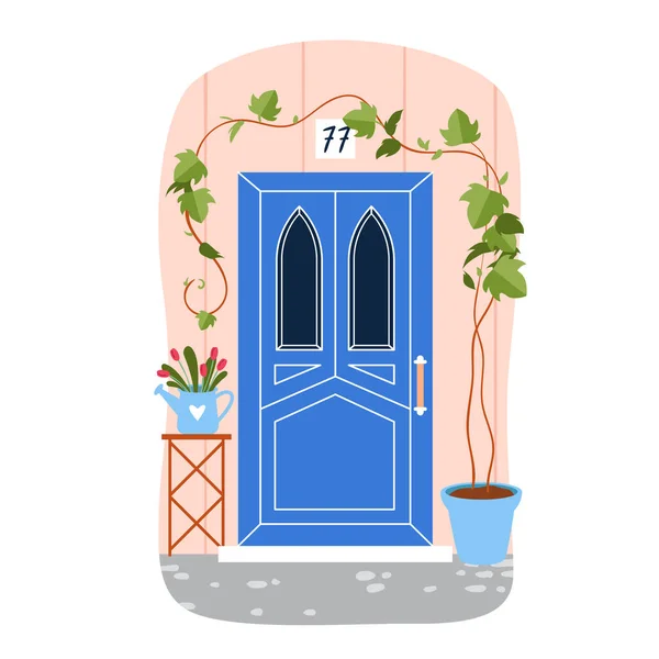 Blue door to house with ivy plant in pot and lancet windows, front view from town street — Stock Vector