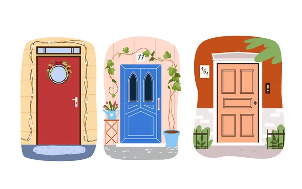 Czerwone i niebieskie drzwi do domu zestaw, kolekcja mieszkaniowa z różnych zamkniętych drzwi — Wektor stockowy